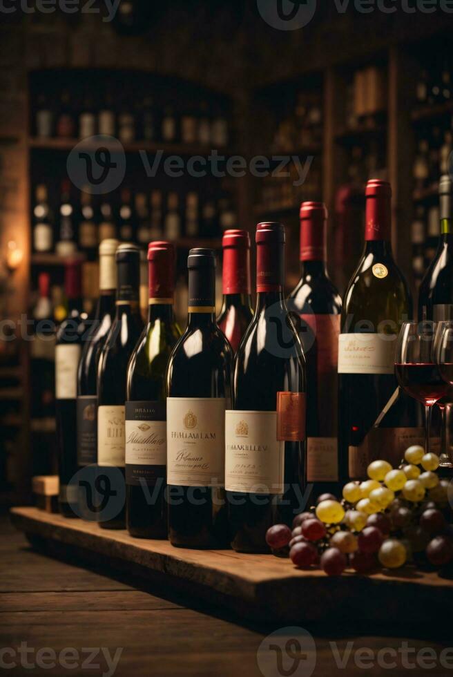 tasty wine arranged on table and the shelf in wine cellar background photo