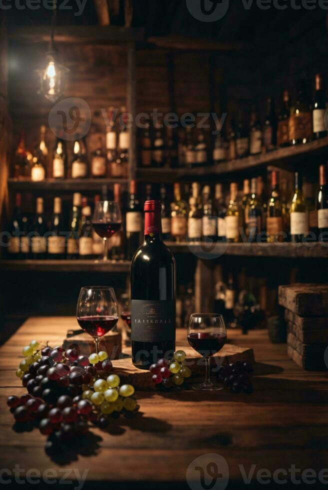 tasty wine arranged on table and the shelf in wine cellar background photo