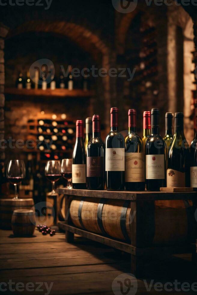 tasty wine arranged on table and the shelf in wine cellar background photo