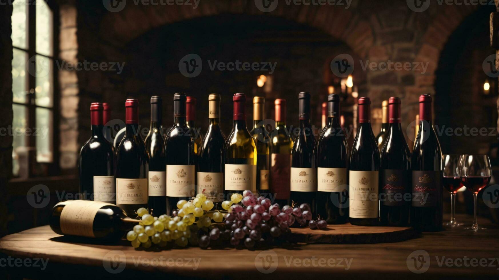 tasty wine arranged on table and the shelf in wine cellar background photo