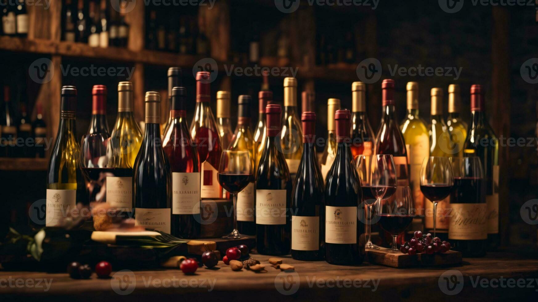 tasty wine arranged on table and the shelf in wine cellar background photo