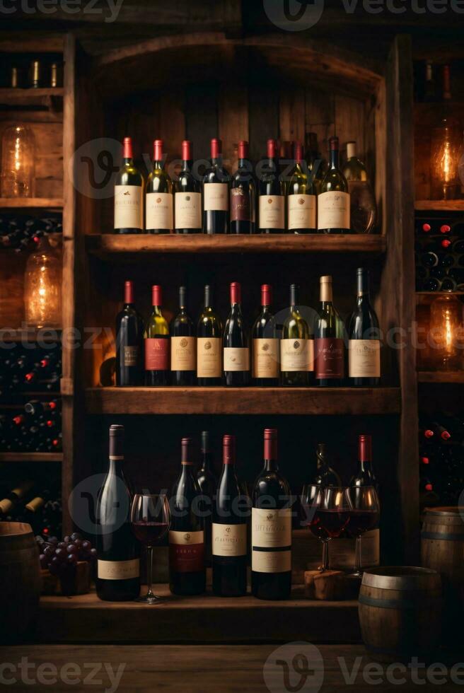 tasty wine arranged on table and the shelf in wine cellar background photo