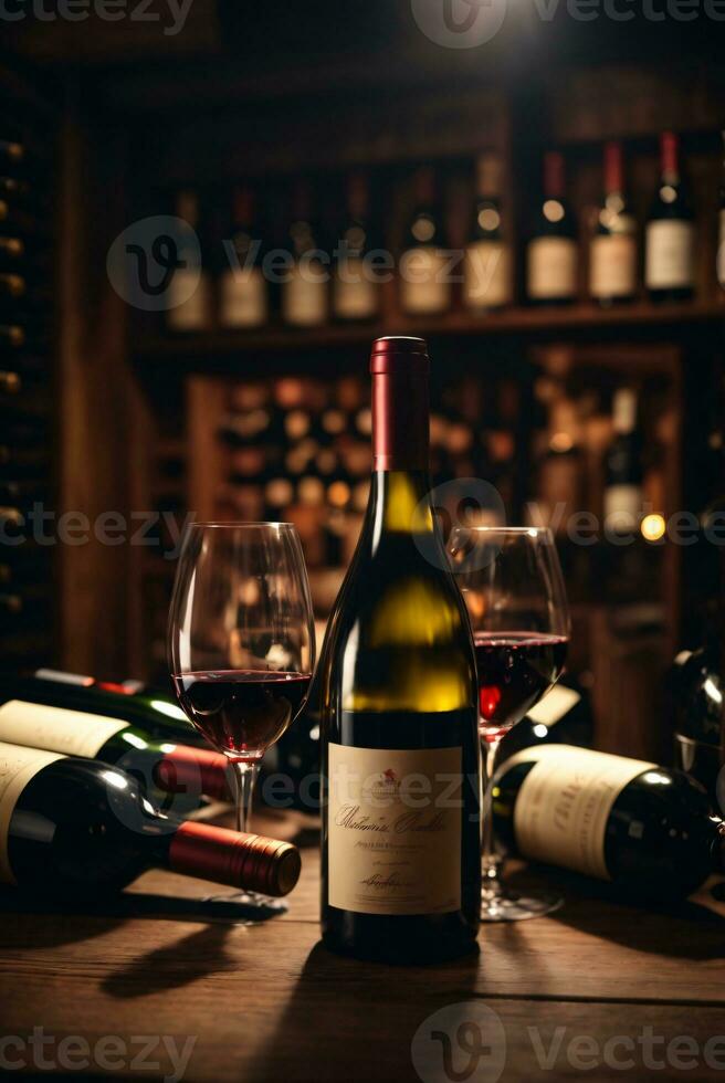 tasty wine arranged on table and the shelf in wine cellar background photo