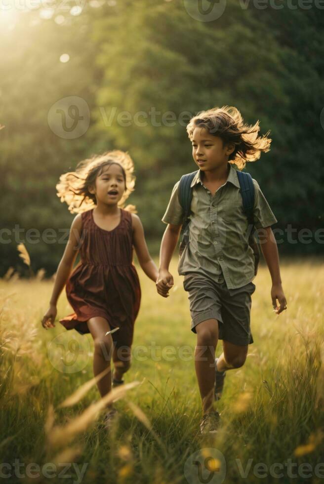 photo child chasing each other on green field