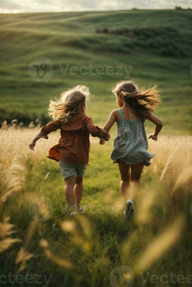 photo child chasing each other on green field