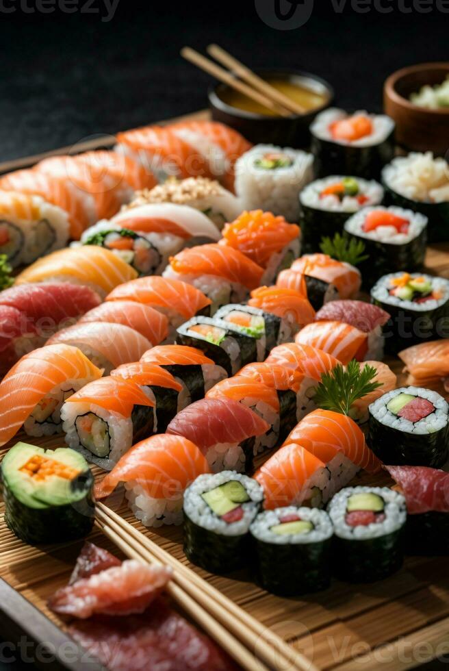 delicioso Sushi en de madera plato foto