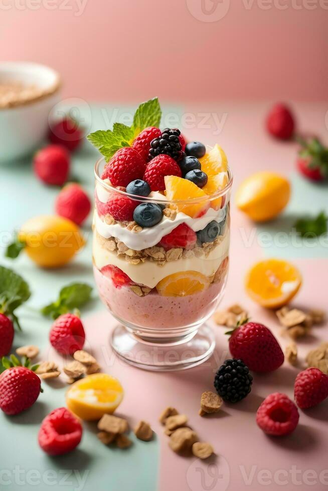 photo delicious parfait on pastel background