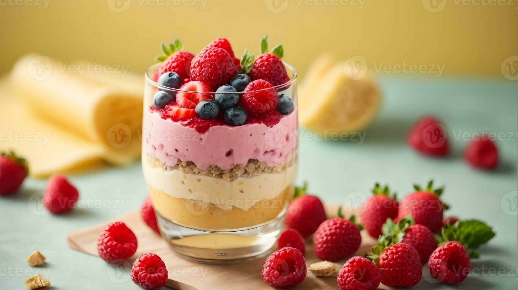 photo delicious parfait on pastel background