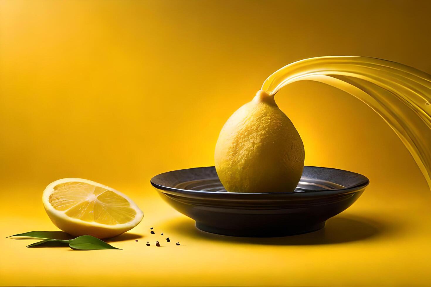 lemon fruit as dripping art in a colorful yellow background photo