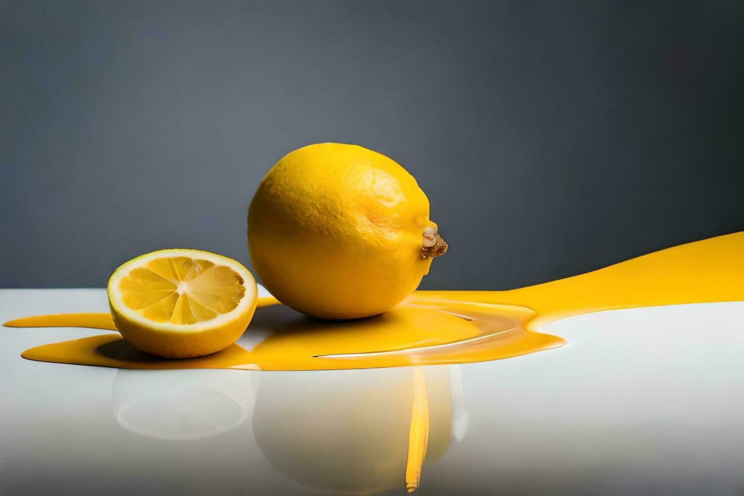 lemon fruit as dripping art in a colorful yellow background photo