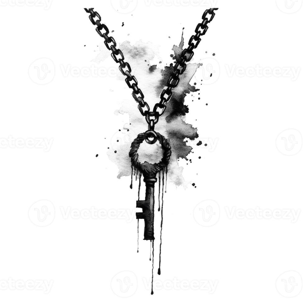 Black ink brush of a key in a chain photo