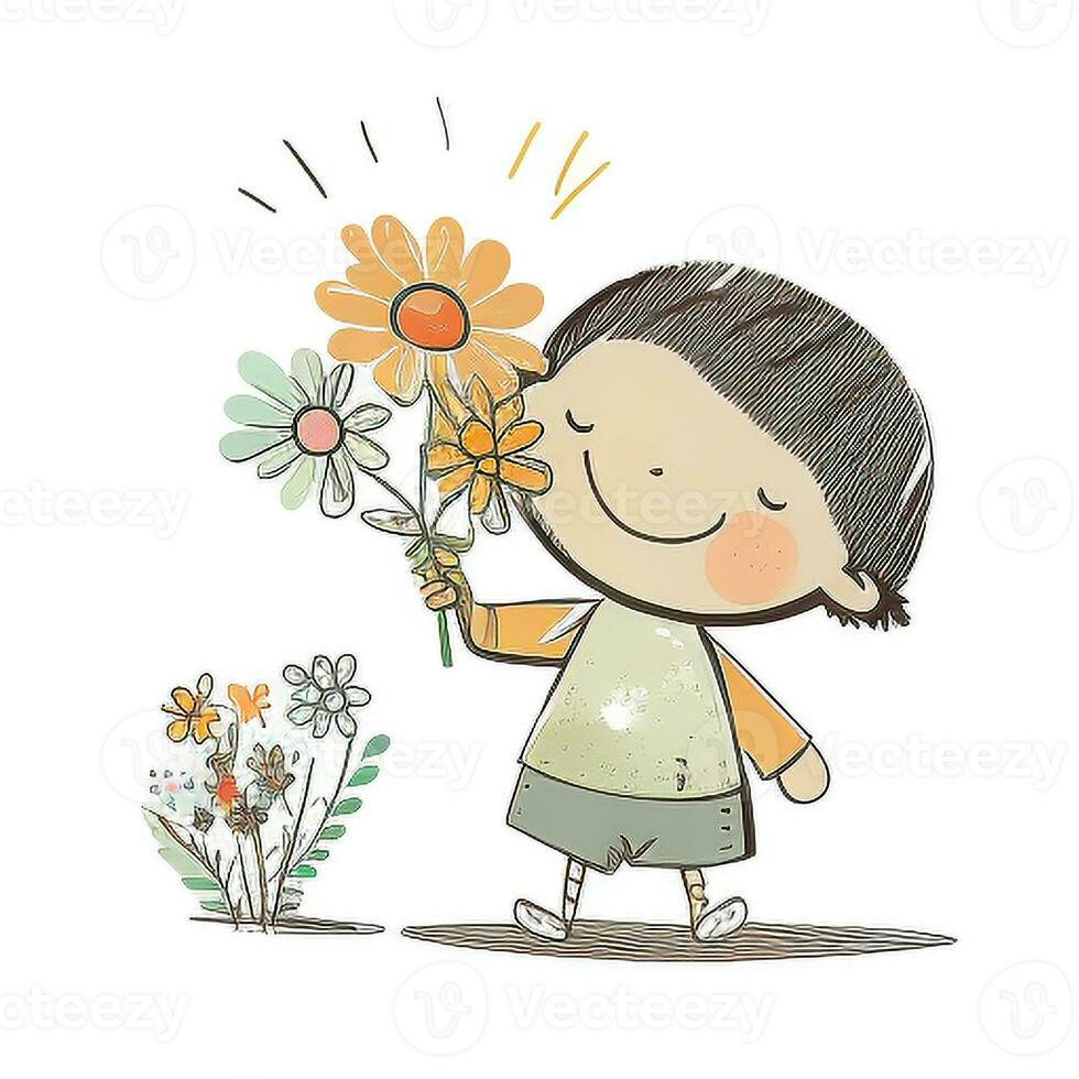 un pequeño niño con un pequeño manojo de flores silvestres foto