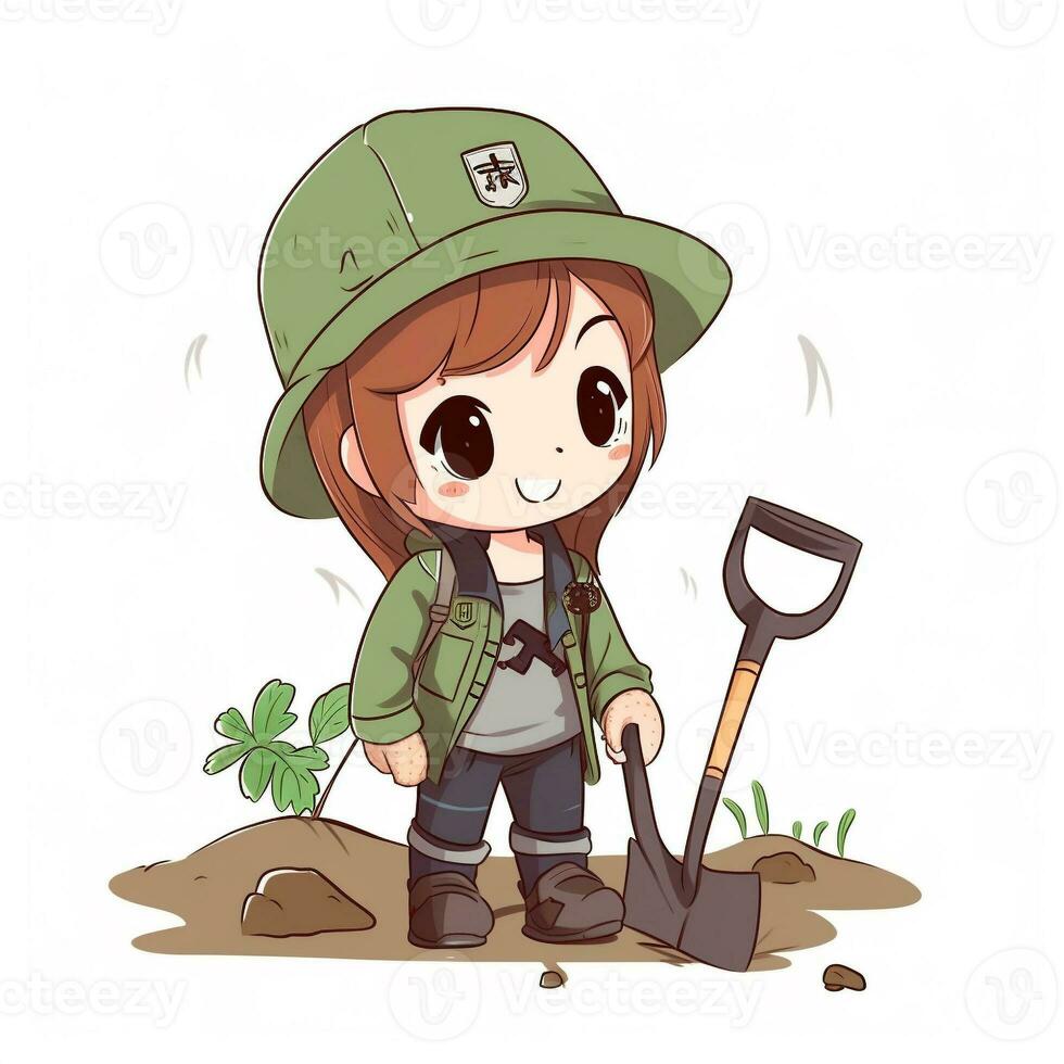 Cute girl planting a small tree with a shovel photo