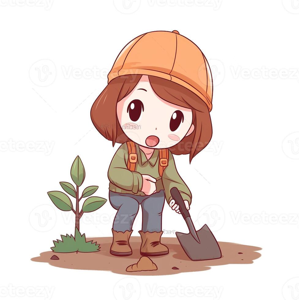 Cute girl planting a small tree with a shovel photo