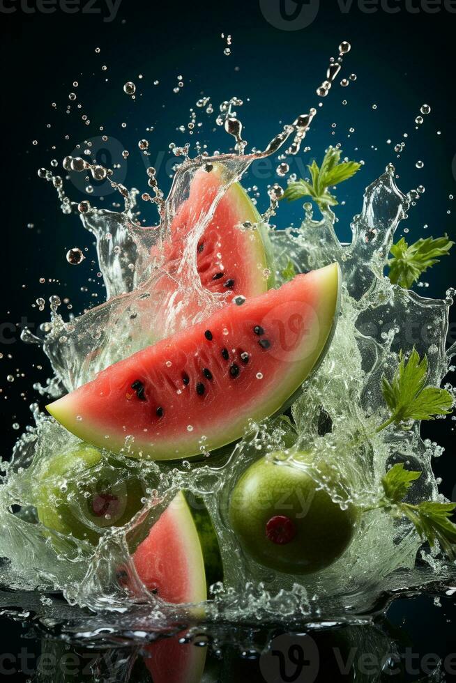 Watermelon ripe with flying splash photo