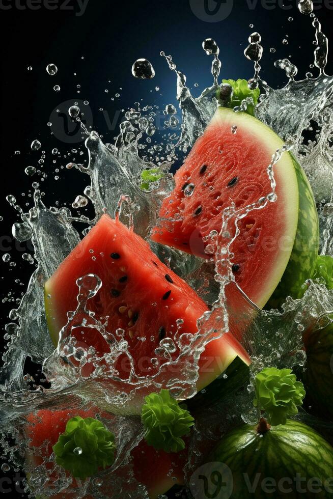 Watermelon ripe with flying splash photo