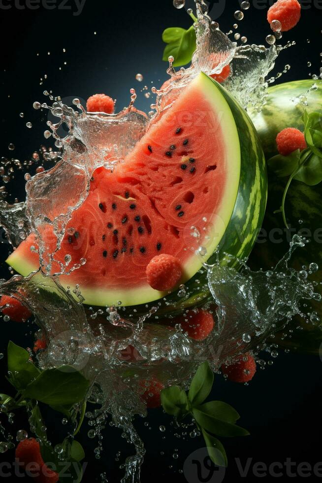 Watermelon ripe with flying splash photo