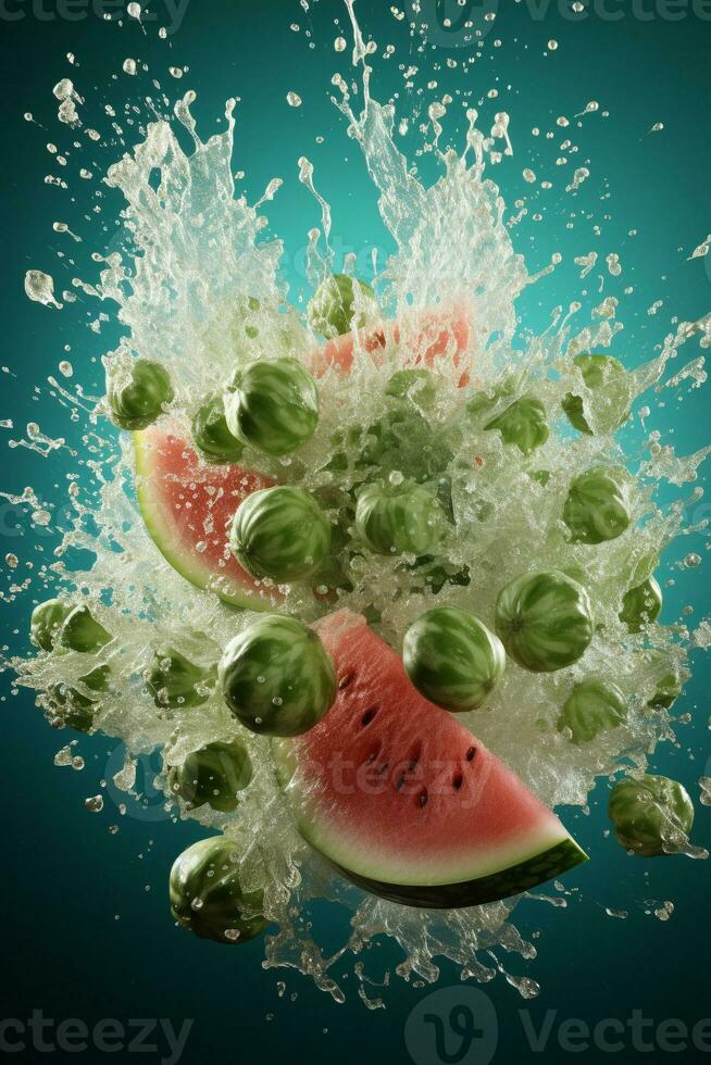 Watermelon ripe with flying splash photo