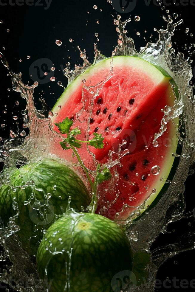 Watermelon ripe with flying splash photo