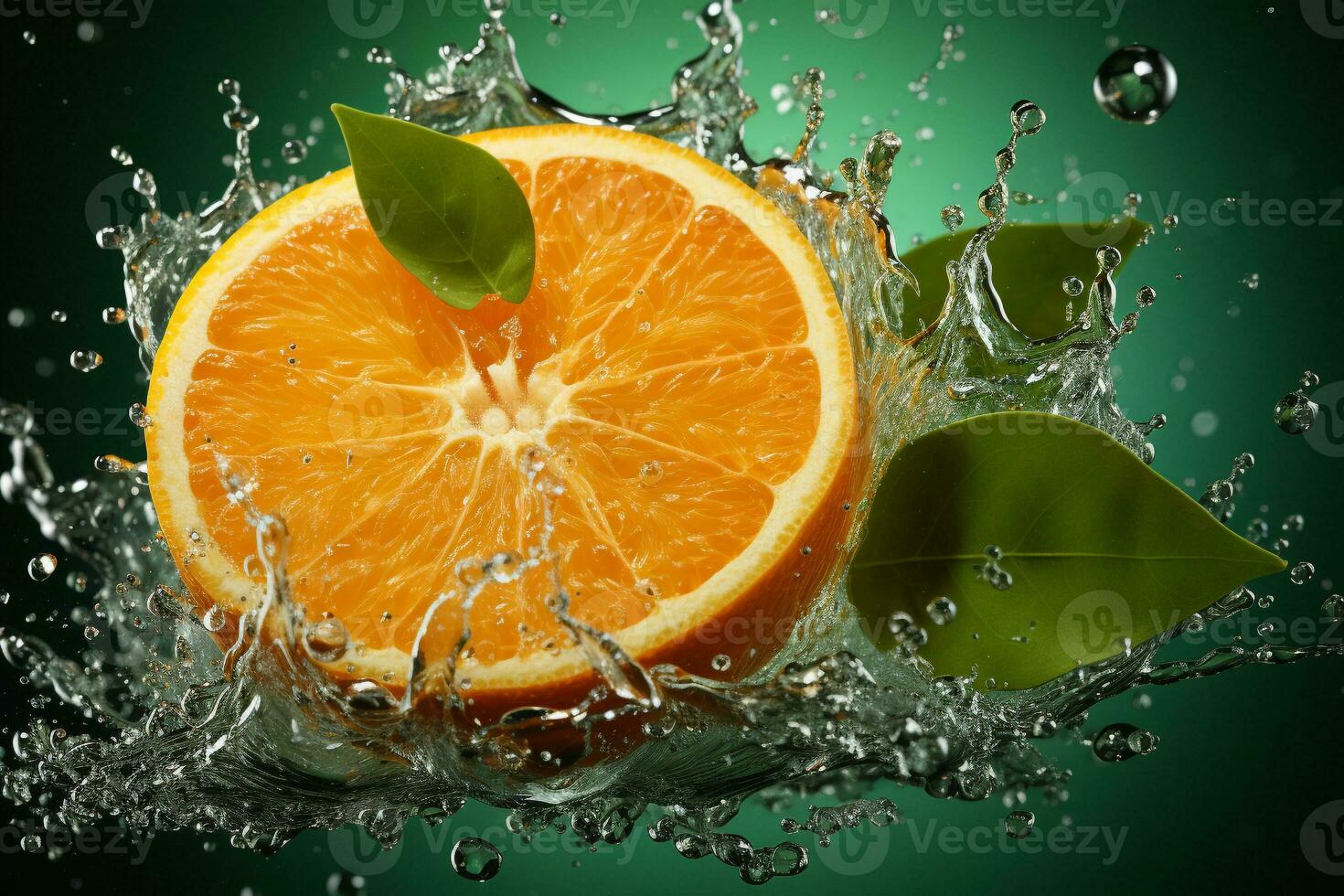 orange ripe with flying splash over a green background photo