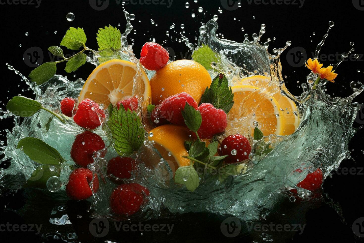the fruits of different varieties slices falling out of water photo