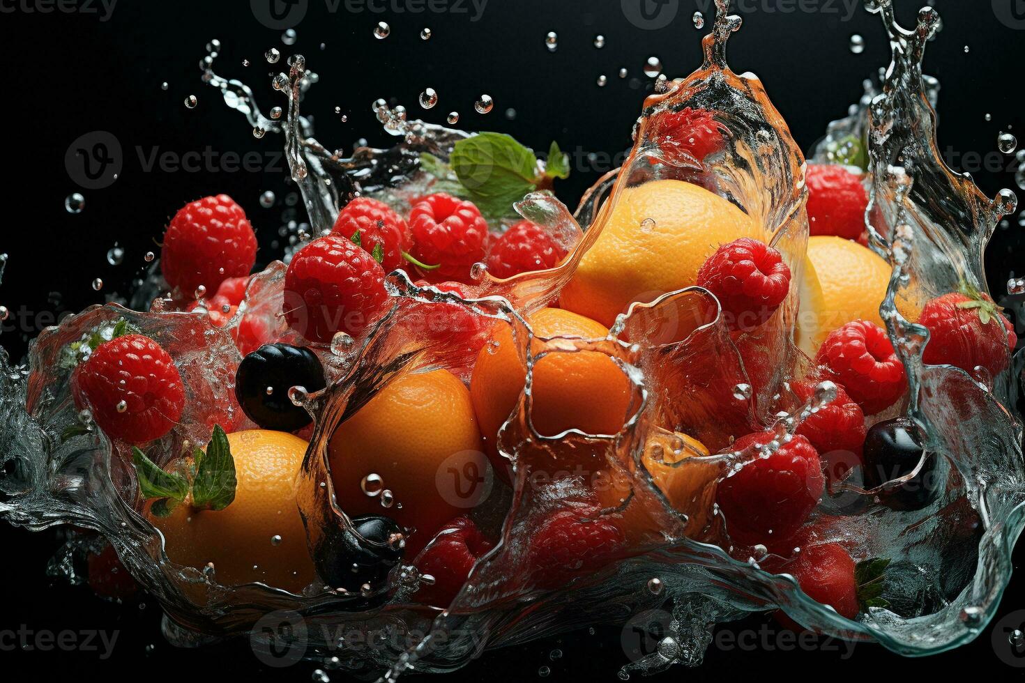 the fruits of different varieties slices falling out of water photo