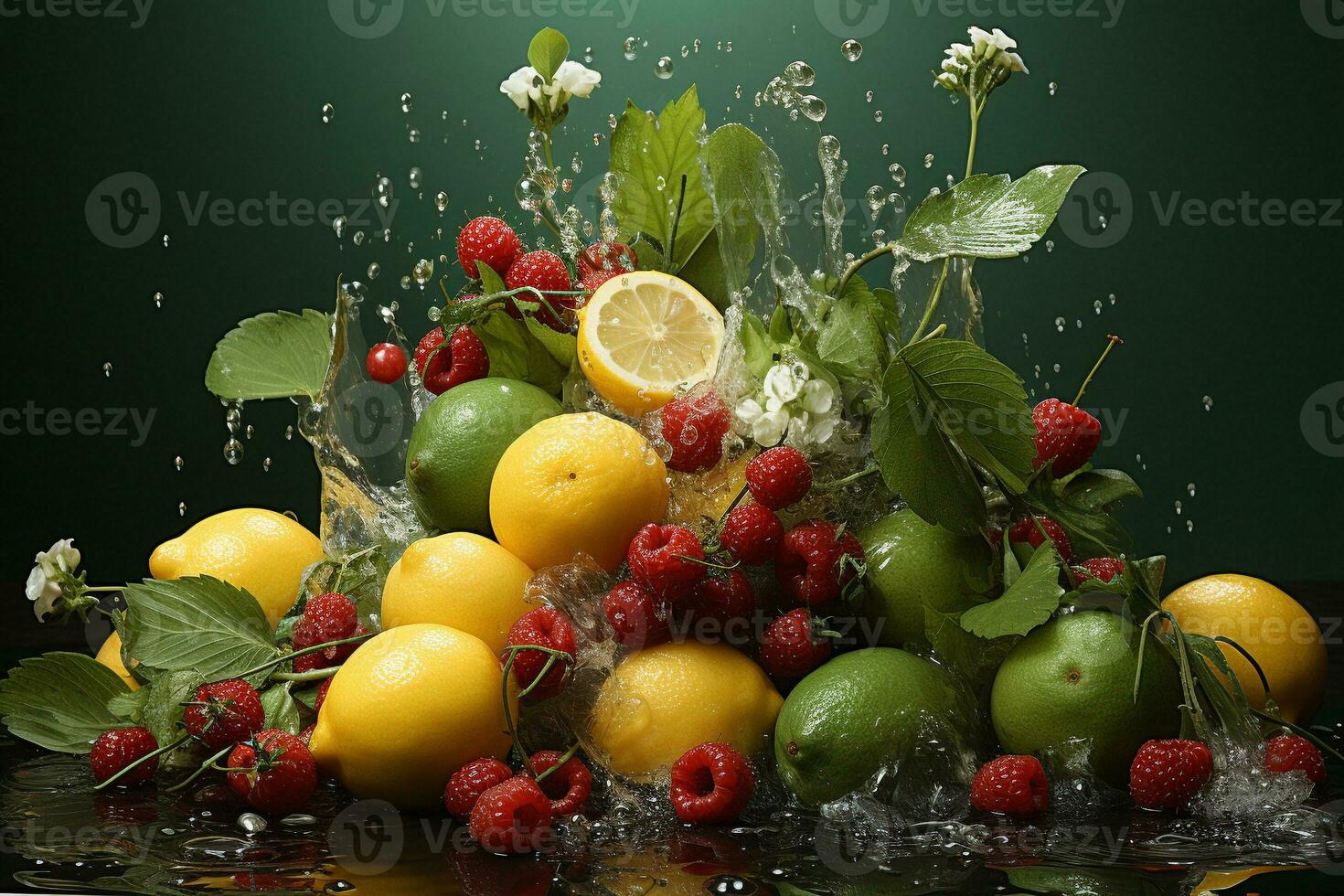 the fruits of different varieties slices falling out of water photo