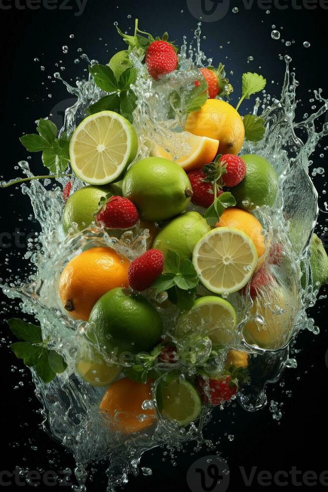 the fruits of different varieties slices falling out of water photo