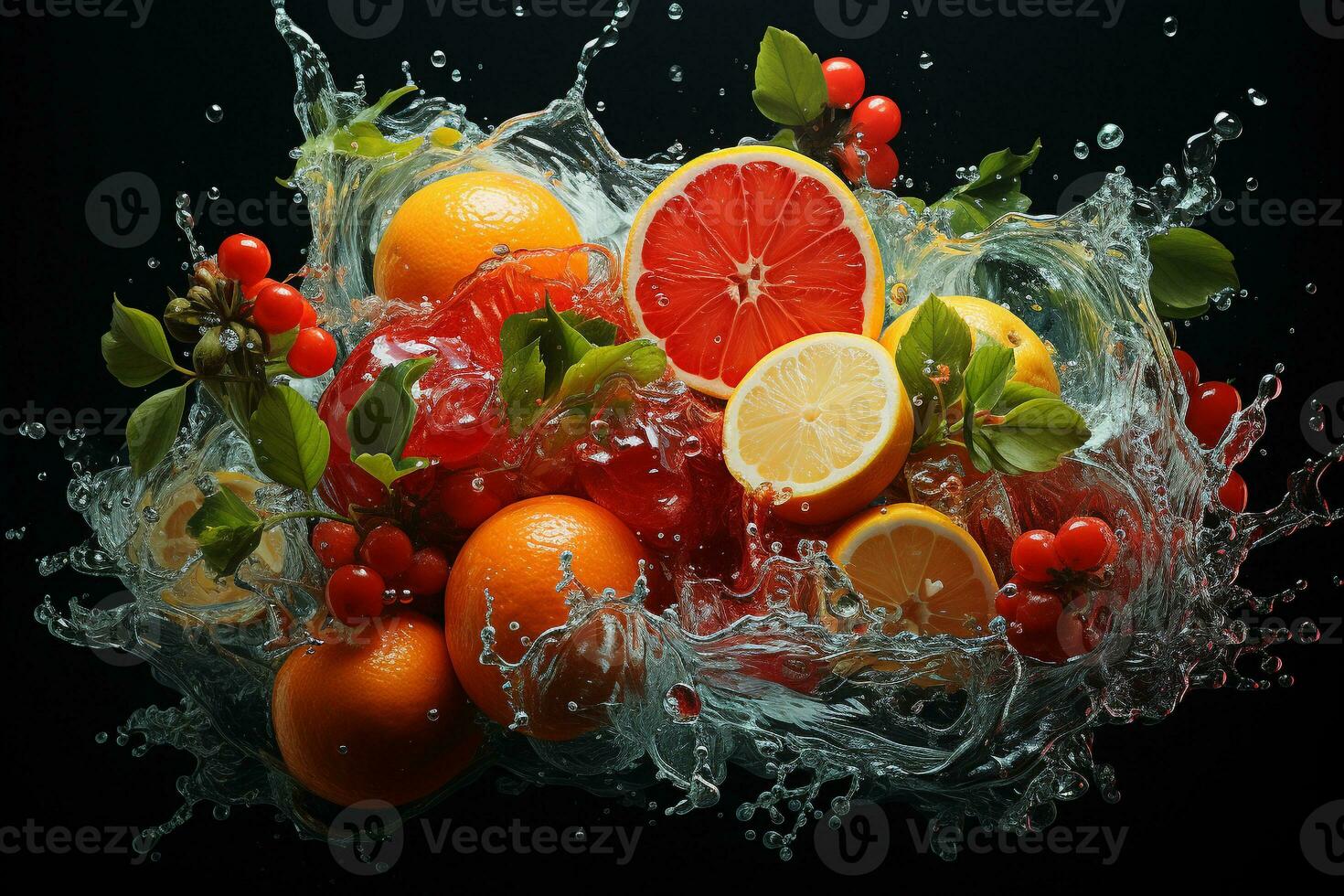 the fruits of different varieties slices falling out of water photo