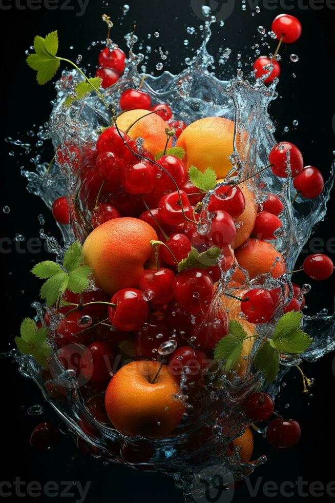 the fruits of different varieties slices falling out of water photo