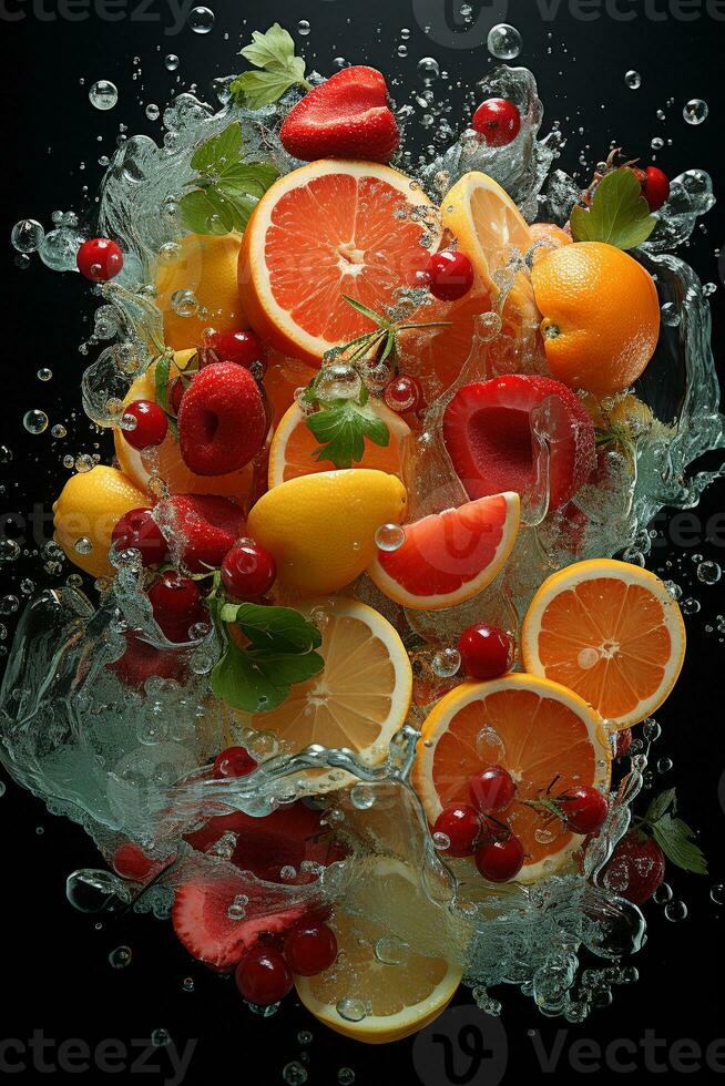 the fruits of different varieties slices falling out of water photo