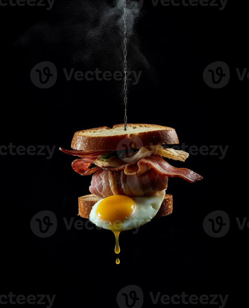 bacon sandwich hanging in the air with eggs and bread photo