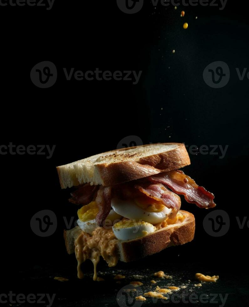 bacon sandwich hanging in the air with eggs and bread photo