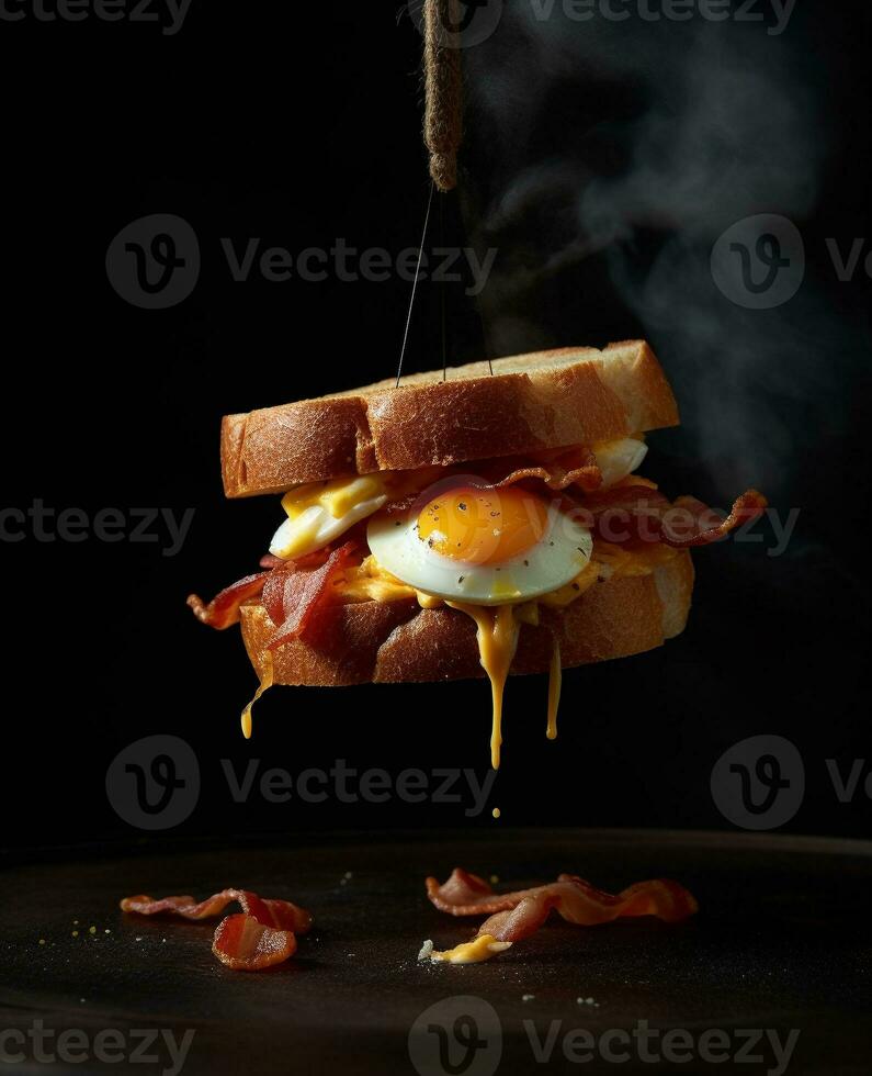 bacon sandwich hanging in the air with eggs and bread photo