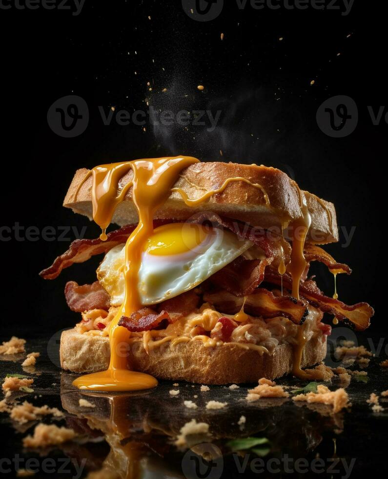 bacon sandwich hanging in the air with eggs and bread photo