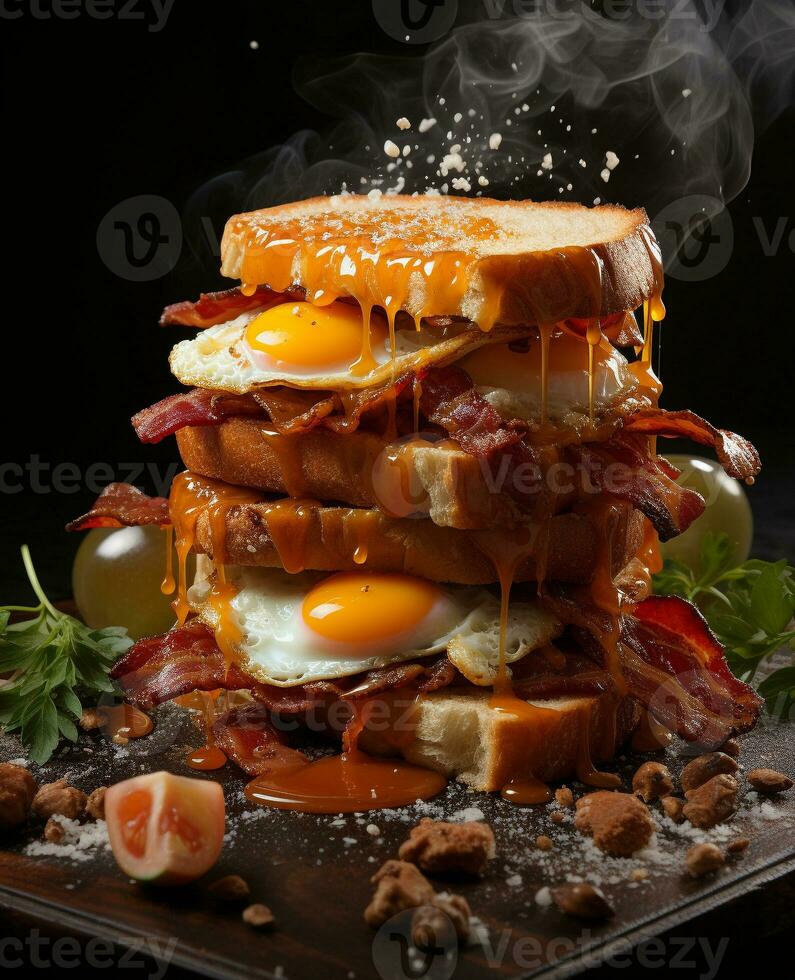 bacon sandwich hanging in the air with eggs and bread photo