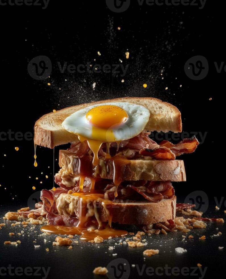 bacon sandwich hanging in the air with eggs and bread photo