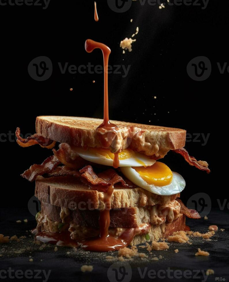 bacon sandwich hanging in the air with eggs and bread photo