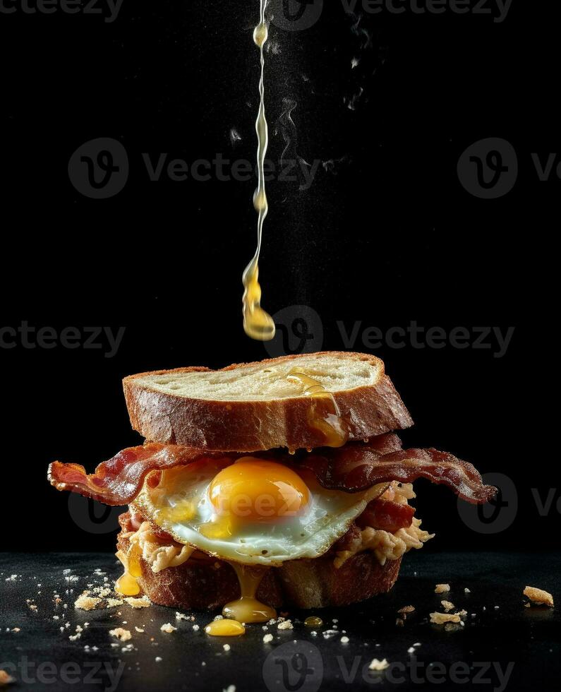 bacon sandwich hanging in the air with eggs and bread photo