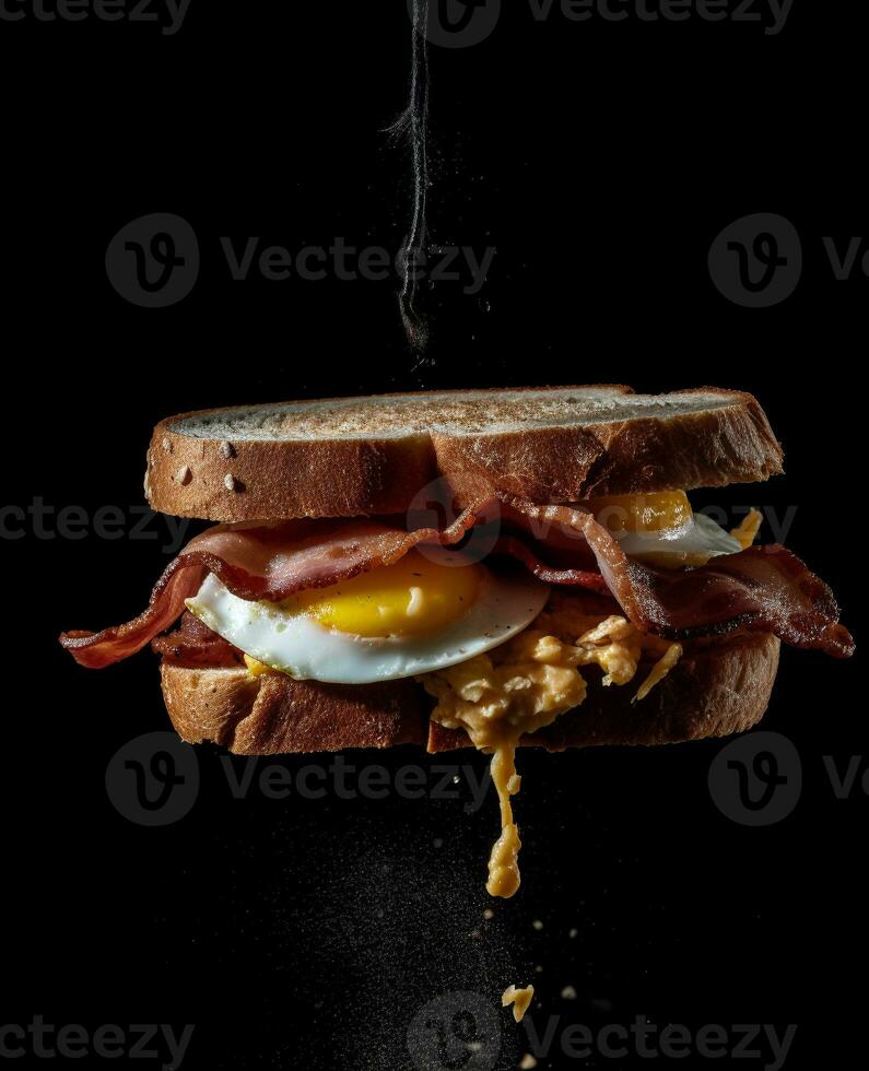 bacon sandwich hanging in the air with eggs and bread photo