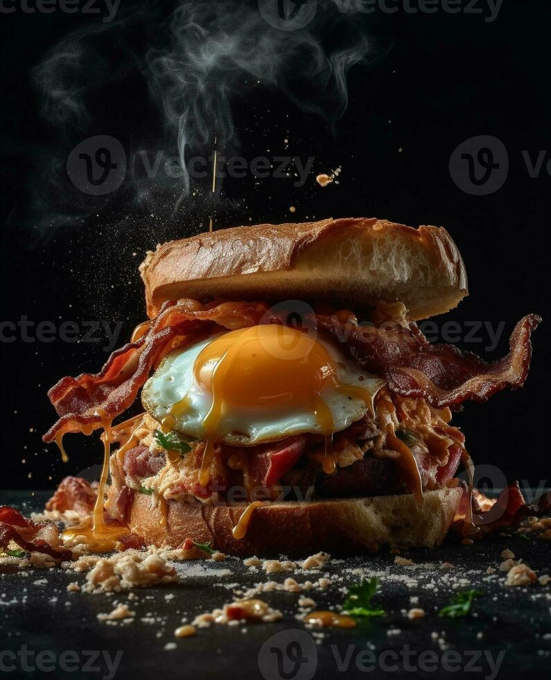 bacon sandwich hanging in the air with eggs and bread photo