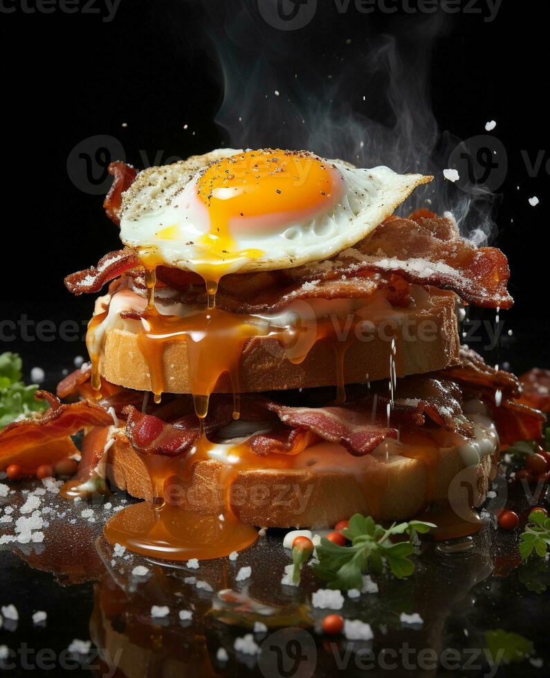 bacon sandwich hanging in the air with eggs and bread photo