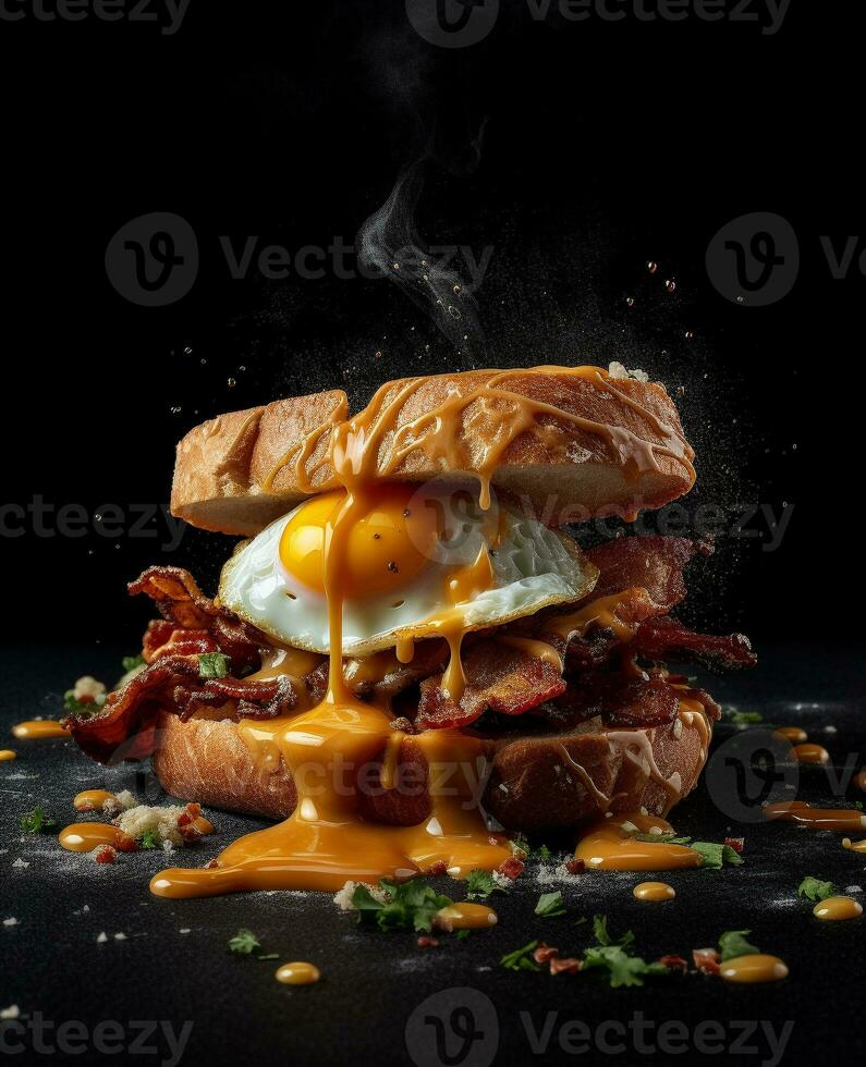 bacon sandwich hanging in the air with eggs and bread photo