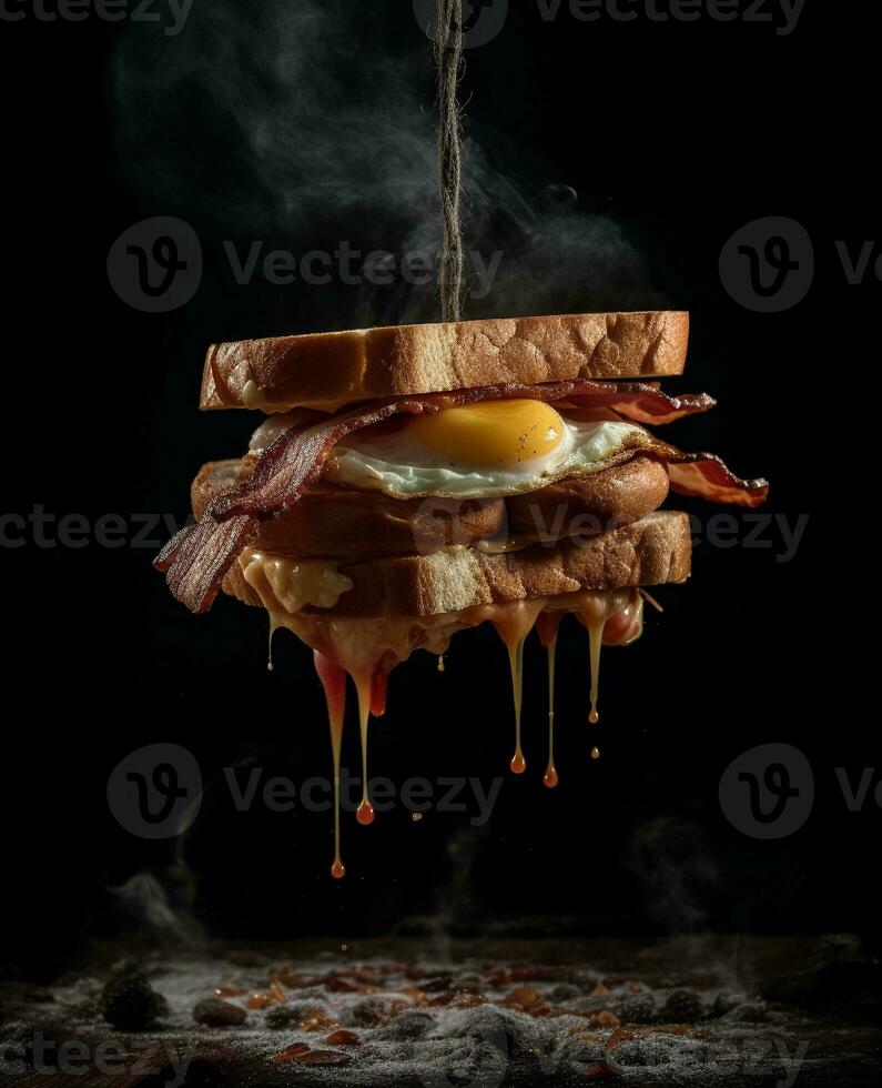 bacon sandwich hanging in the air with eggs and bread photo