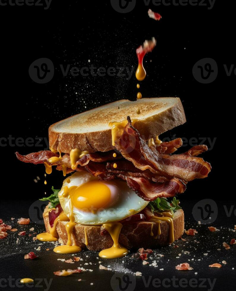 bacon sandwich hanging in the air with eggs and bread photo