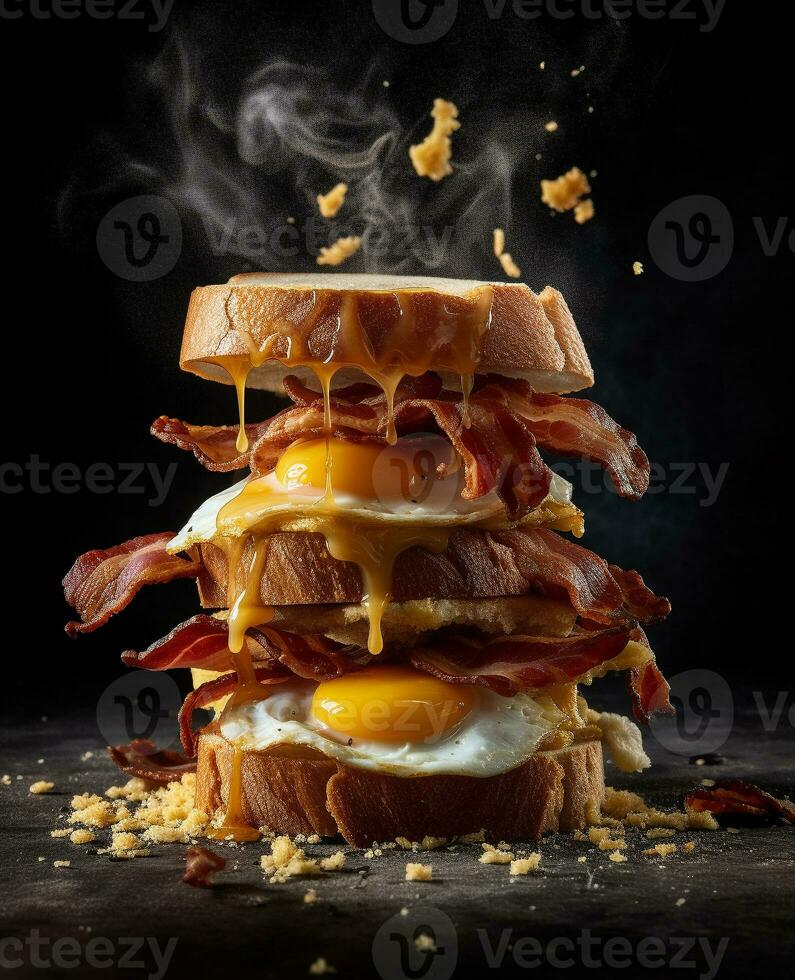 bacon sandwich hanging in the air with eggs and bread photo