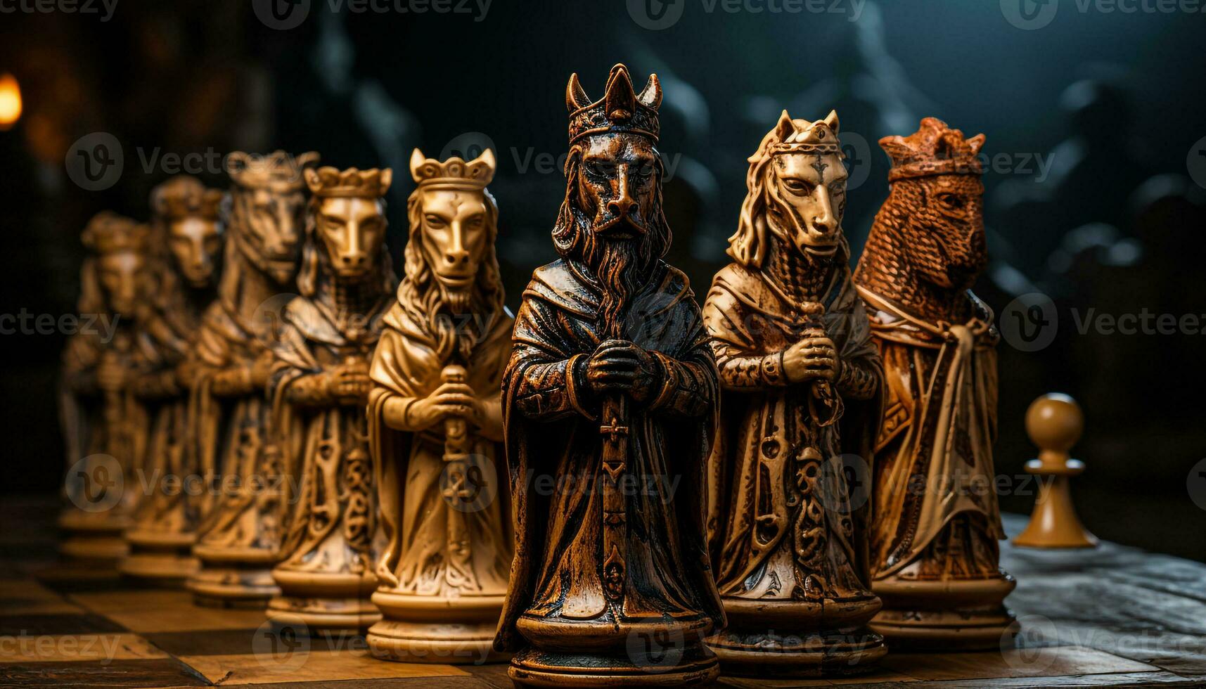 designer chess pieces on chess board generative AI photo