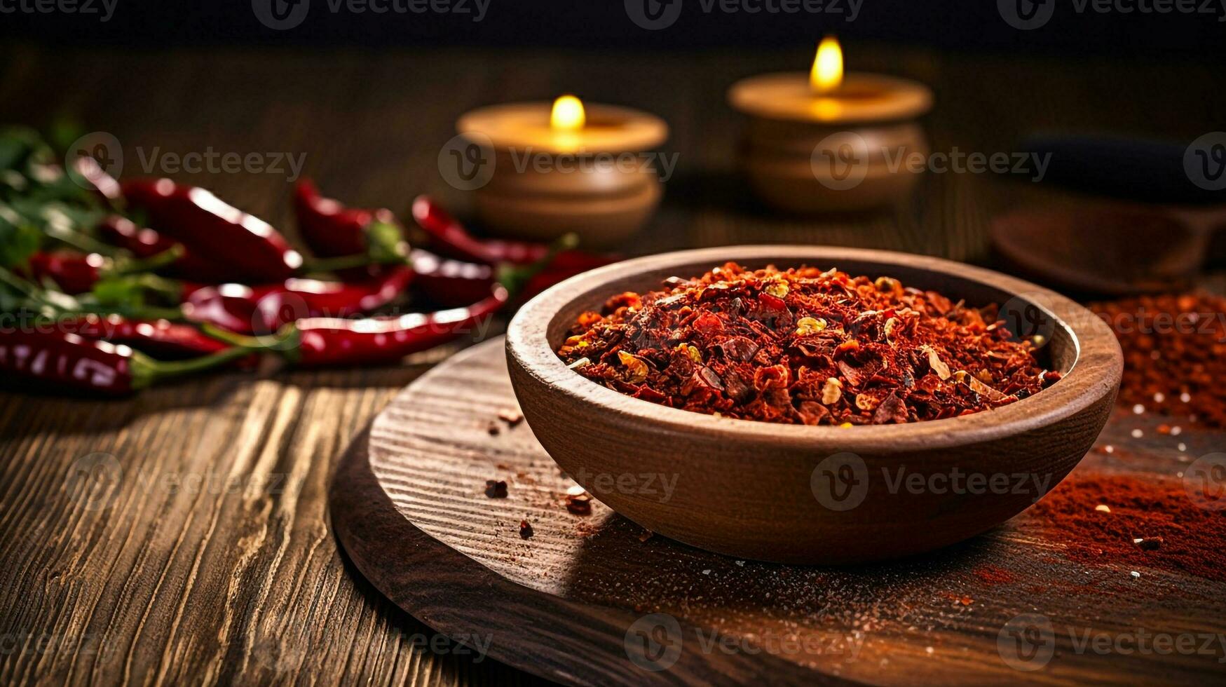 Chili flakes on wooden bowl with chillies on wooden table generative AI photo