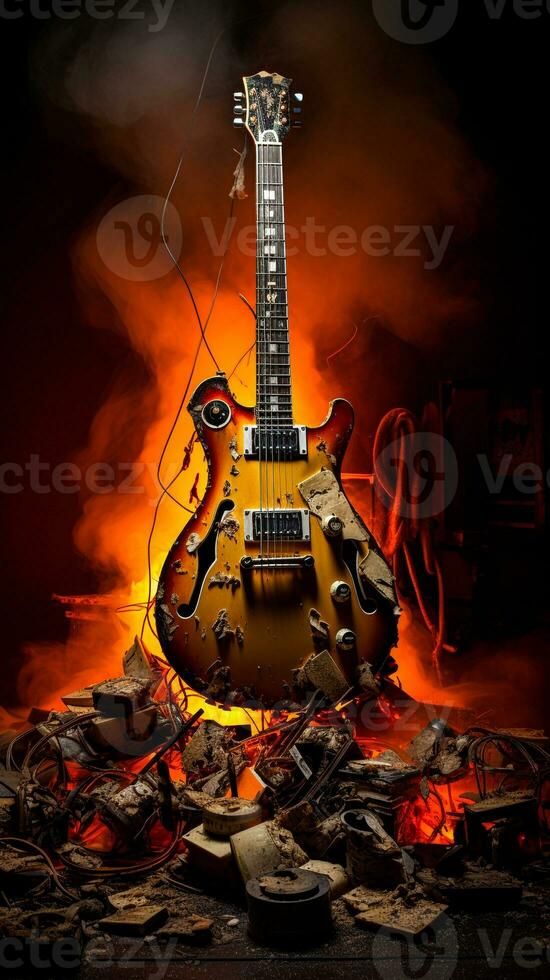 destroyed Guitars Music Objects with fire generative AI photo