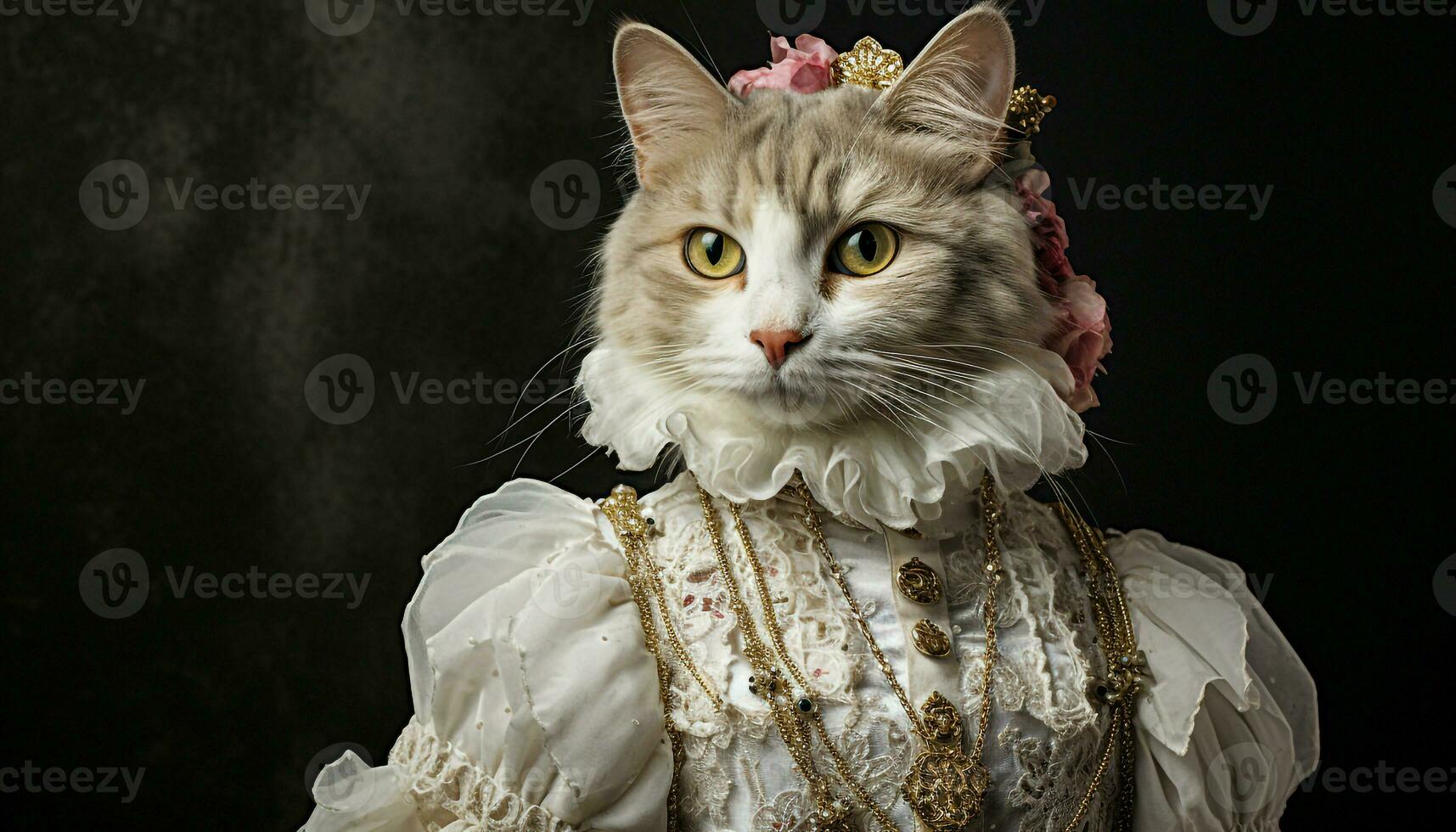 a female cat wearing royal white dress on black background generative AI photo